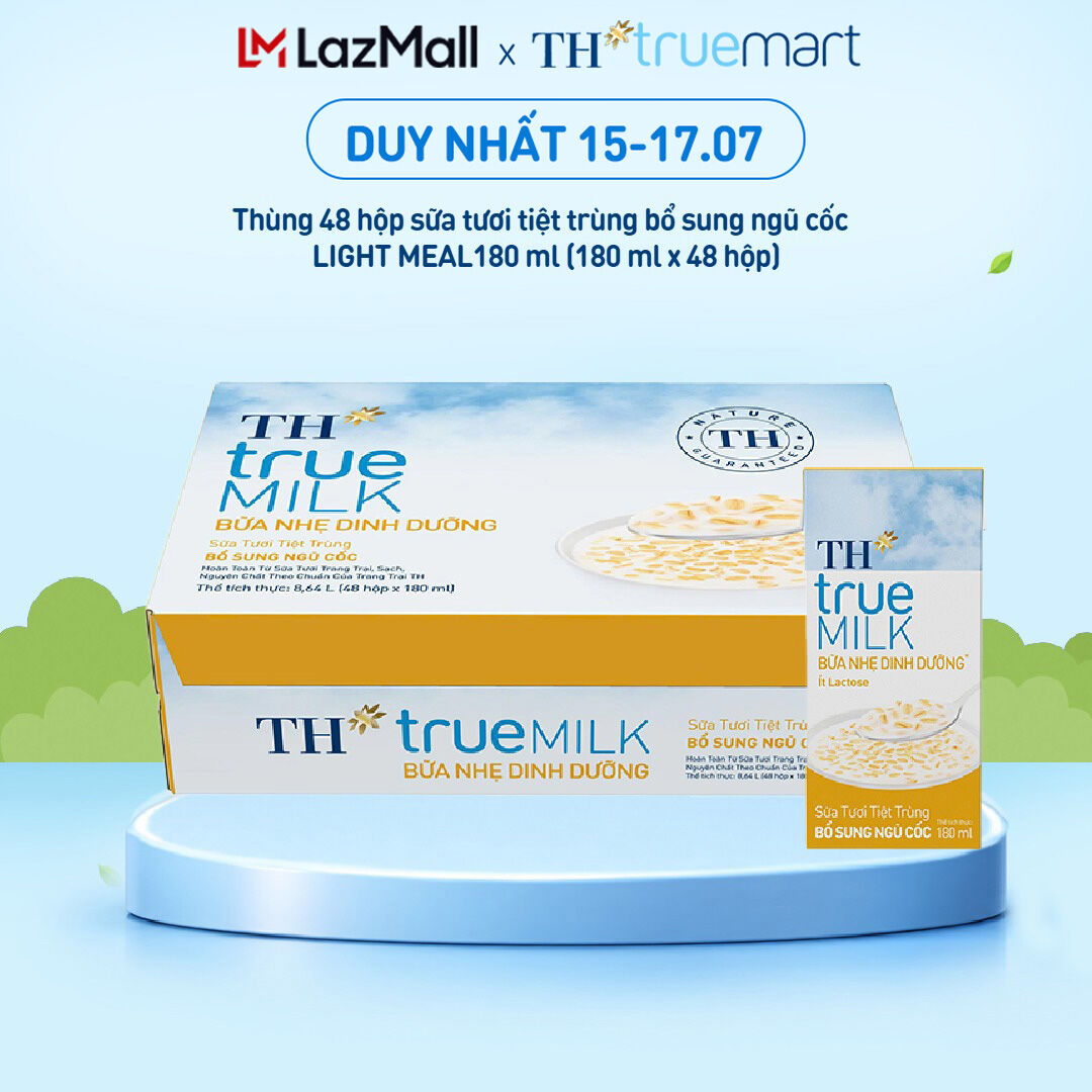 Thùng 48 hộp sữa tươi tiệt trùng bổ sung ngũ cốc TH true MILK LIGHT MEAL 180 ml (180 ml x 48)