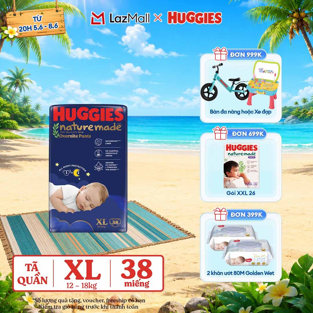 [CHỈ 9-10.6 QUÀ TẶNG ĐƠN 399K](Mua 1 tặng 1) Tã quần Huggies Naturemade ban đêm XL38