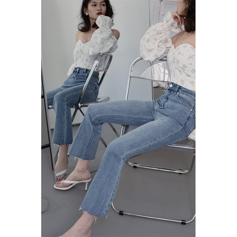 Quần Bò Ống Hơi Loe Co Giãn Cạp Cao Tuyệt Đối Tỉ Lệ Nâng Cao Twosweet Quần Chín Tấc Dáng Người Nhỏ Tôn Dáng Gầy Mùa Xuân