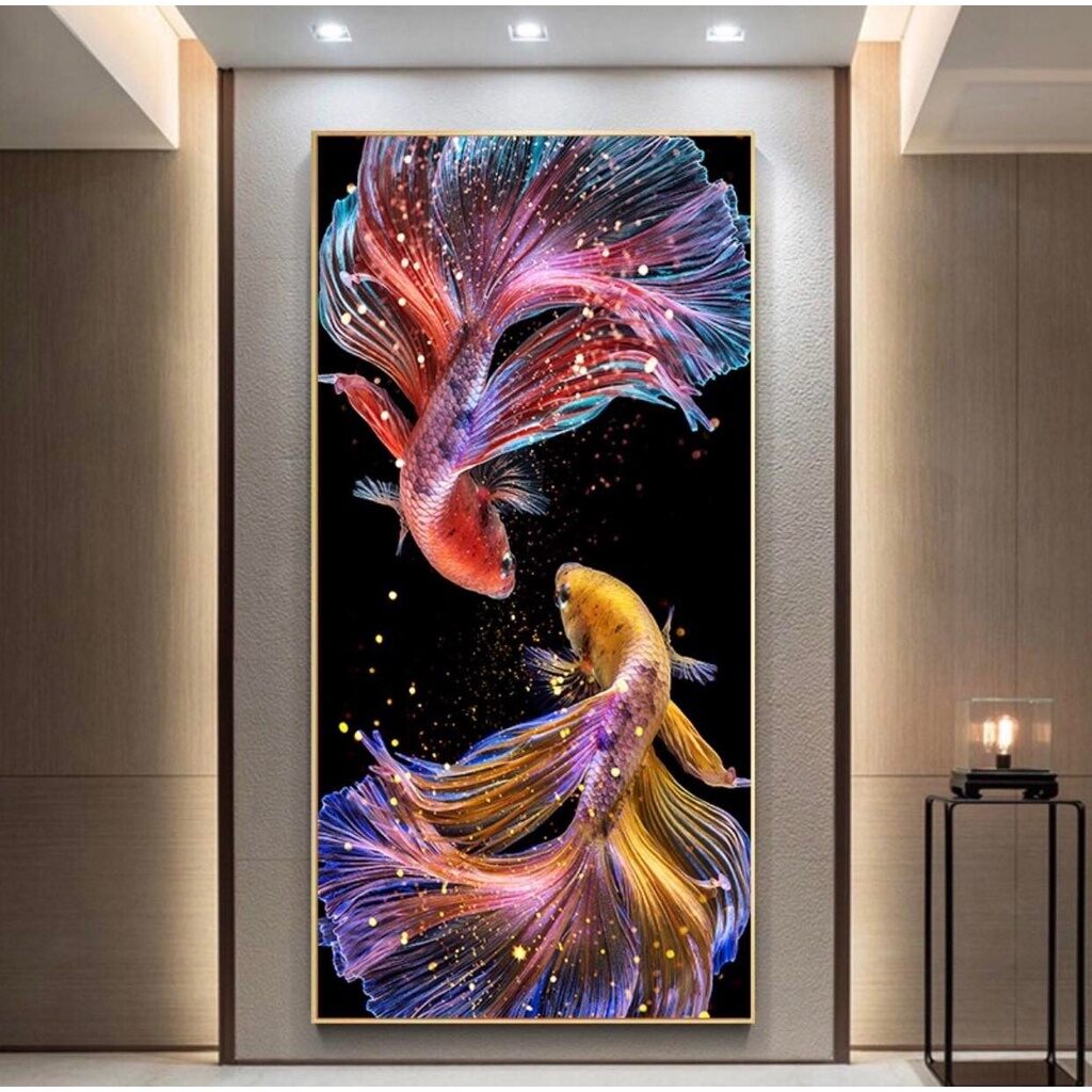 Tranh đính đá song ngư tài lộc 50x90cm lv598