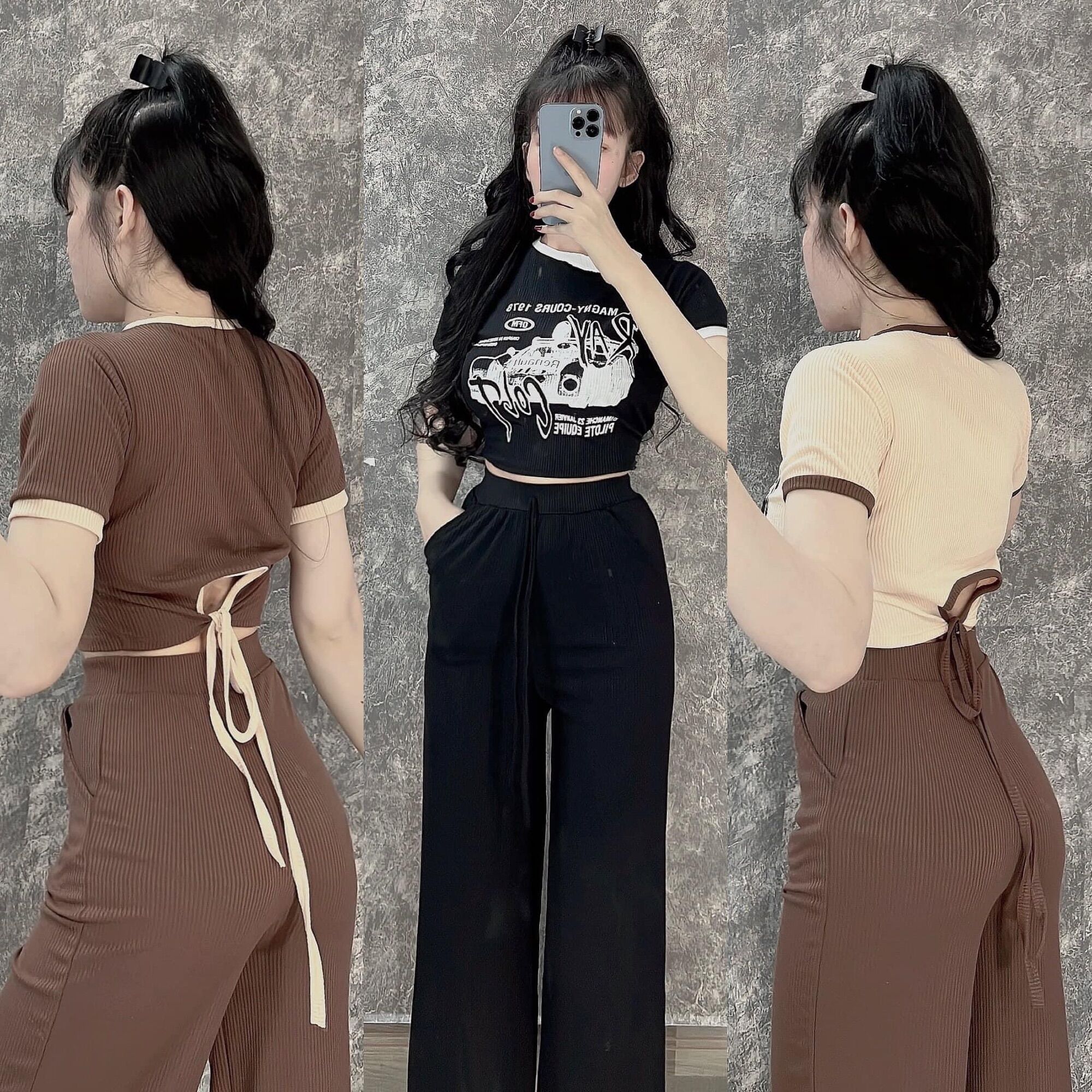 Set áo croptop cột dây in hình kèm quần dài lưng cao chất thun gân
