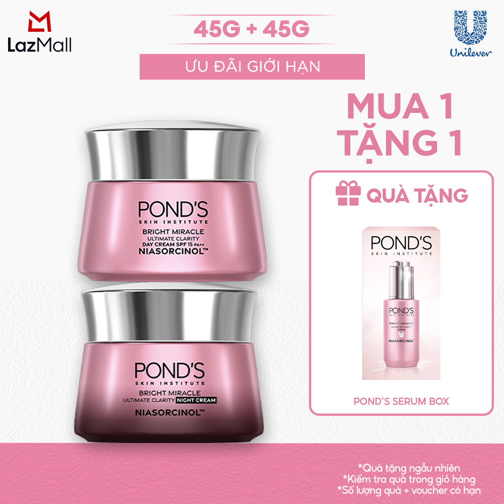 VC 15% tối đa 70K đơn 399K Combo Bộ 2 Kem dưỡng sáng da đa tầng ngày & đêm Pond's Bright Miracle mờ thâm sạm với 50X Niasorcinol 45G+45G