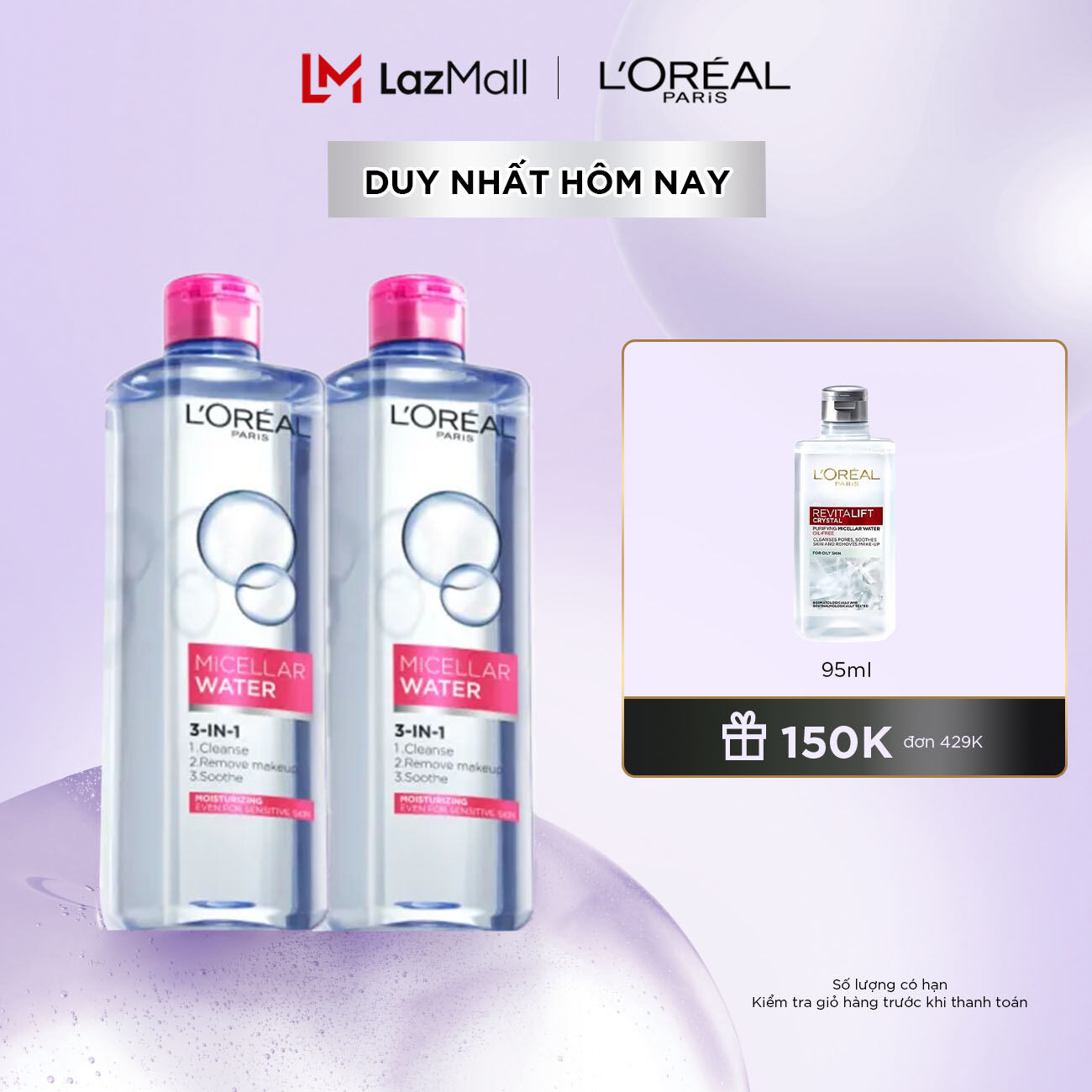 Bộ 2 nước tẩy trang dưỡng ẩm mượt da 3-in-1 L'Oreal Paris Micellar Water - Virtual