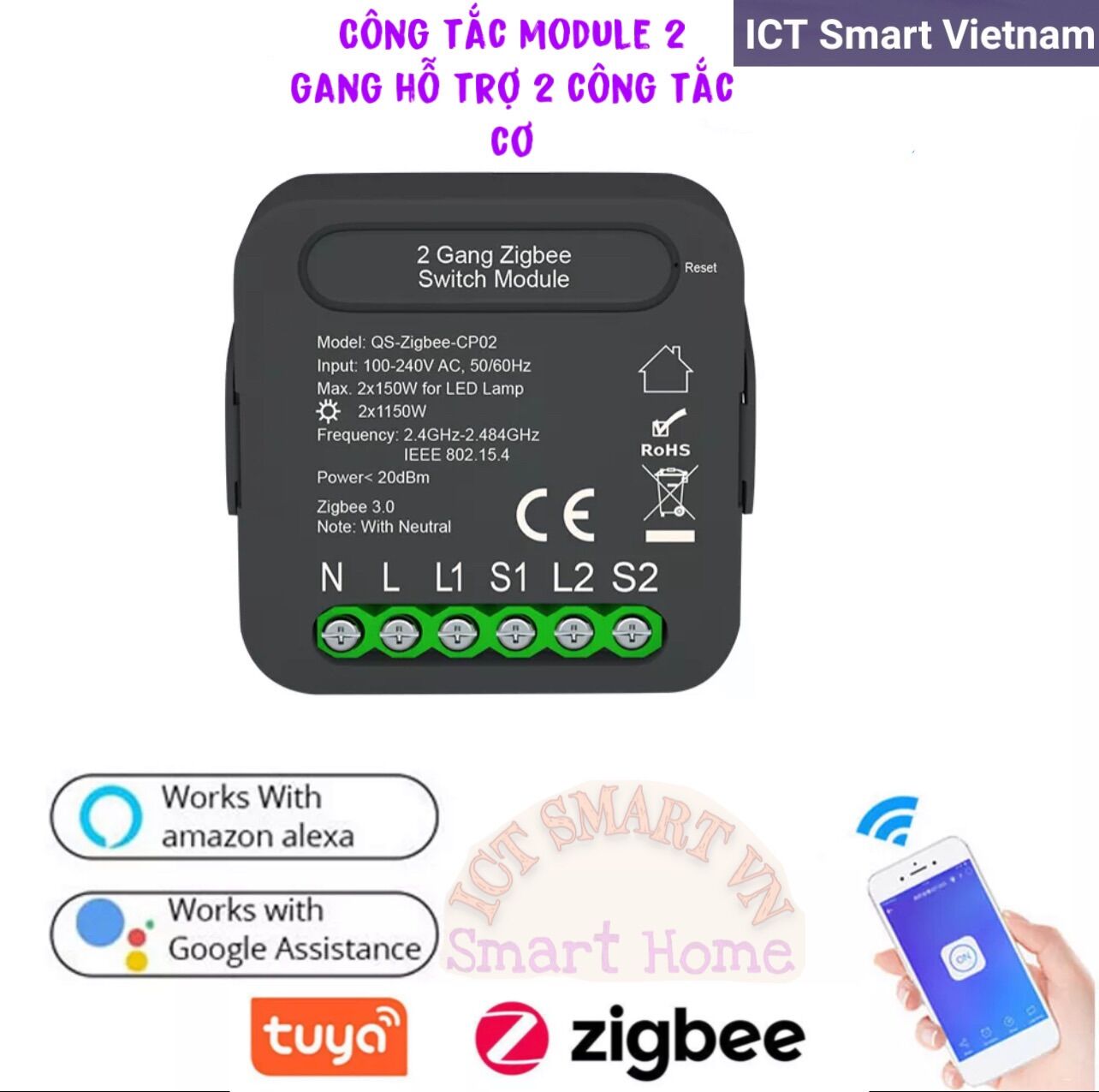 Công tắc module Tuya Wifi/ Zigbee hỗ trợ 2 công tắc cơ 1 chiều hoặc 2 chiều