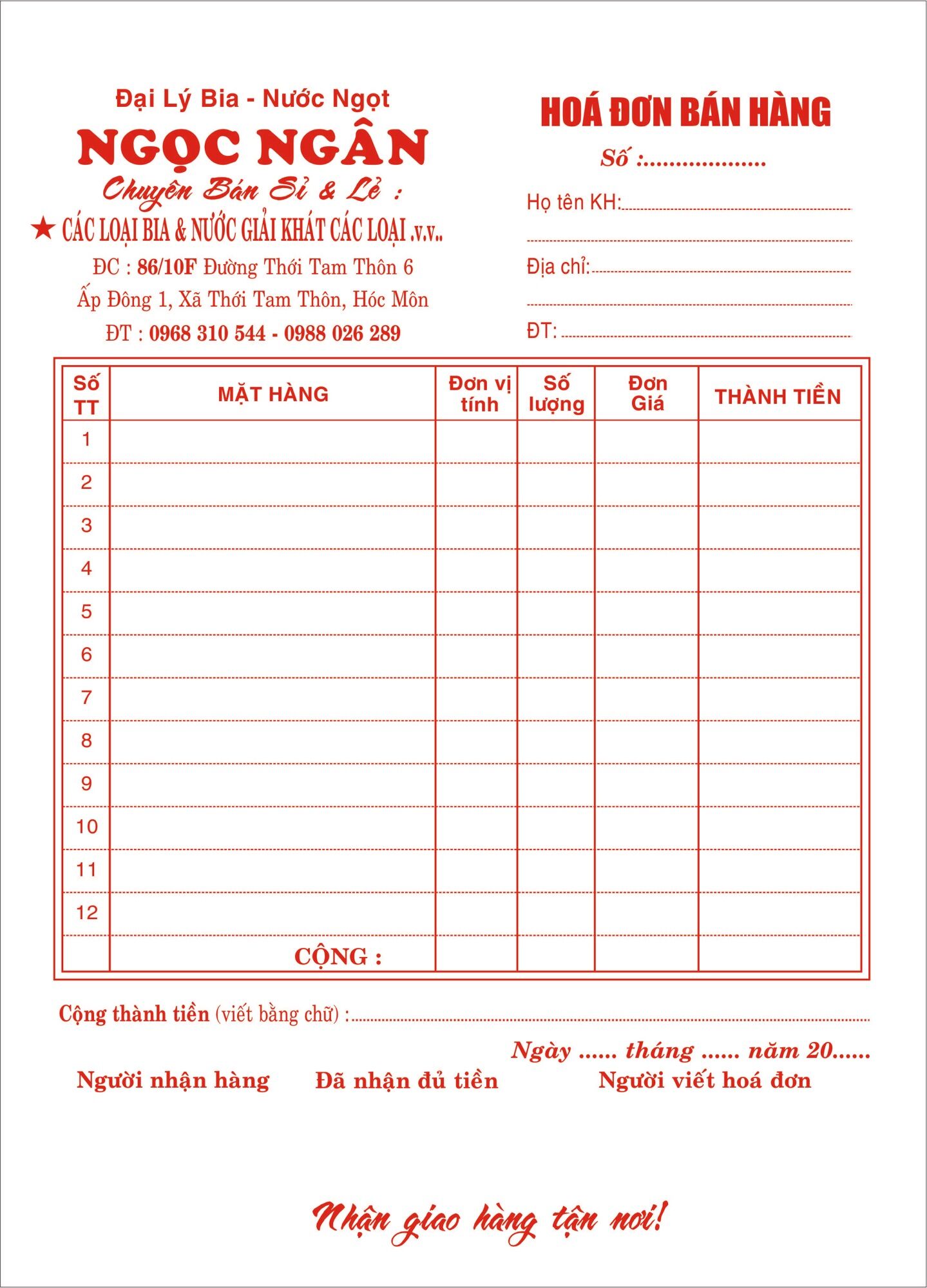 Hoá đơn, biên nhận in theo yêu cầu -kich thước a5, 1 liên