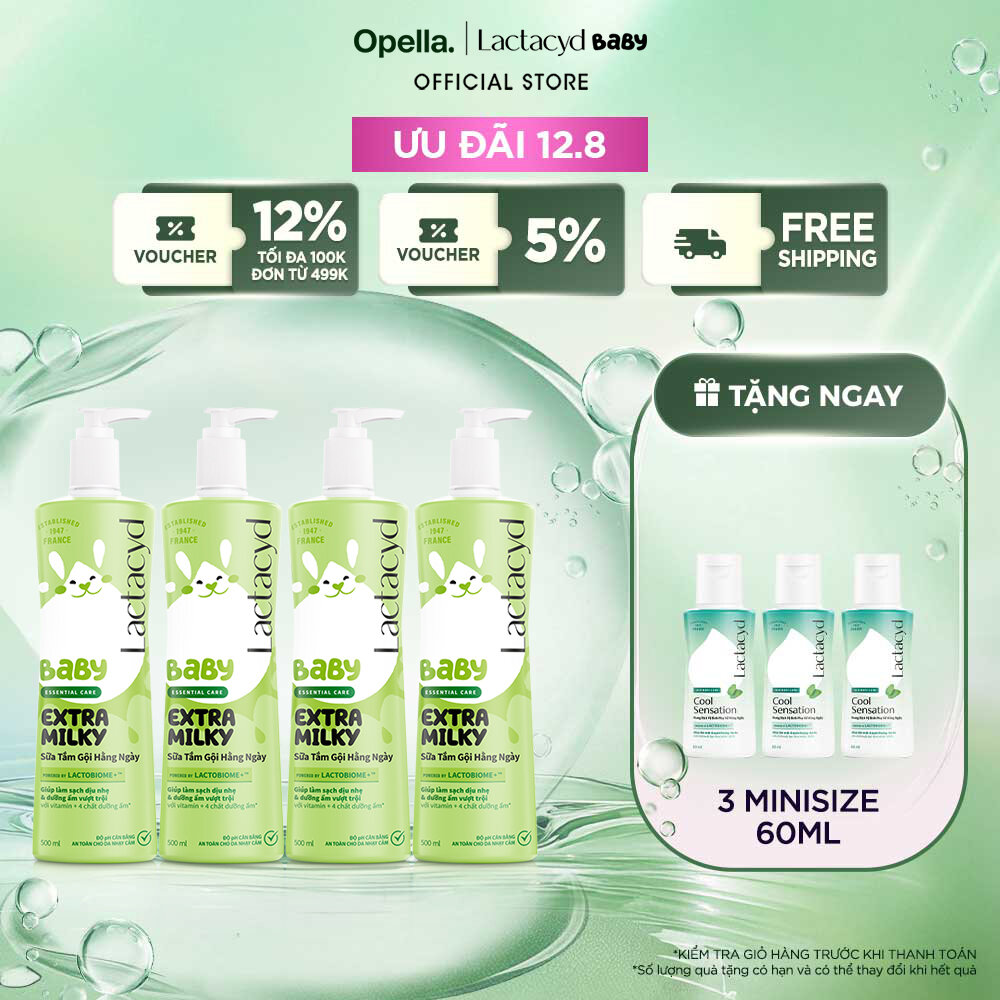 Bộ 4 chai Sữa Tắm Gội Trẻ Em Lactacyd Baby Extra Milky Làm Sạch Dịu Nhẹ và Dưỡng Ẩm Vượt Trội 500ml/chai