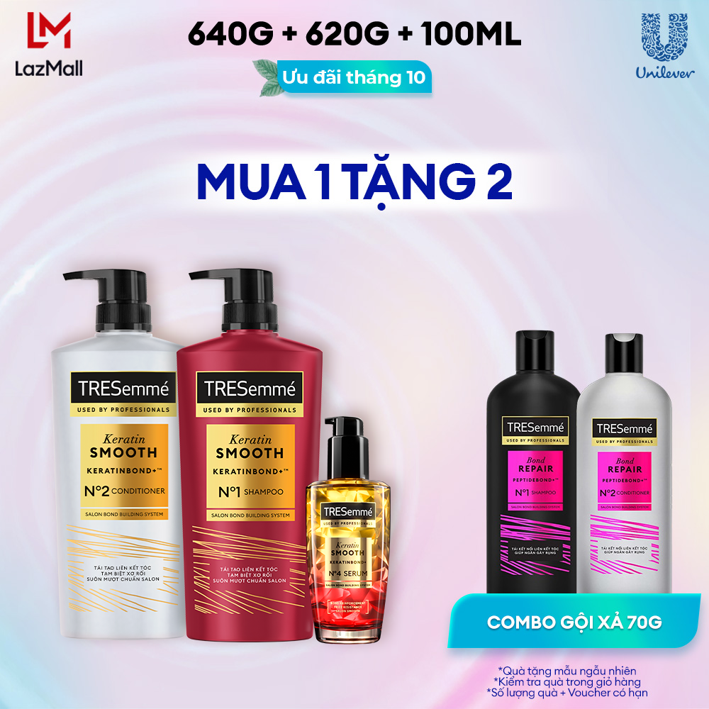 Combo Dầu Gội Dầu Xả Serum TRESemmé Keratin Smooth Keratinbond 640g 620g 100ml Cho Tóc Khô Xơ Rối Vào Nếp Suôn Mượt