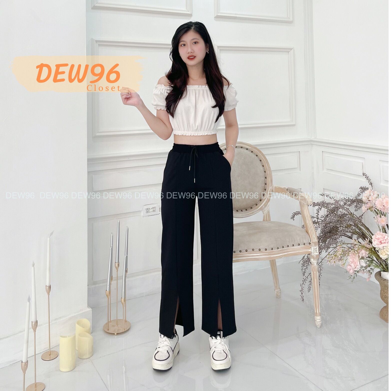Quần suông nữ xẻ ống chất vải Umi co giãn, quần ống rộng xẻ tà lưng cao cạp chun dây rút có túi trước