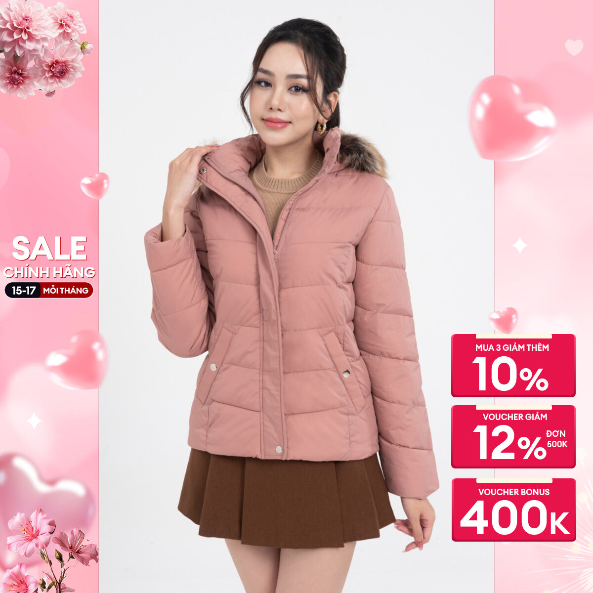 Áo khoác gió phao nữ cổ viền lông ivy moda ms 70b9103