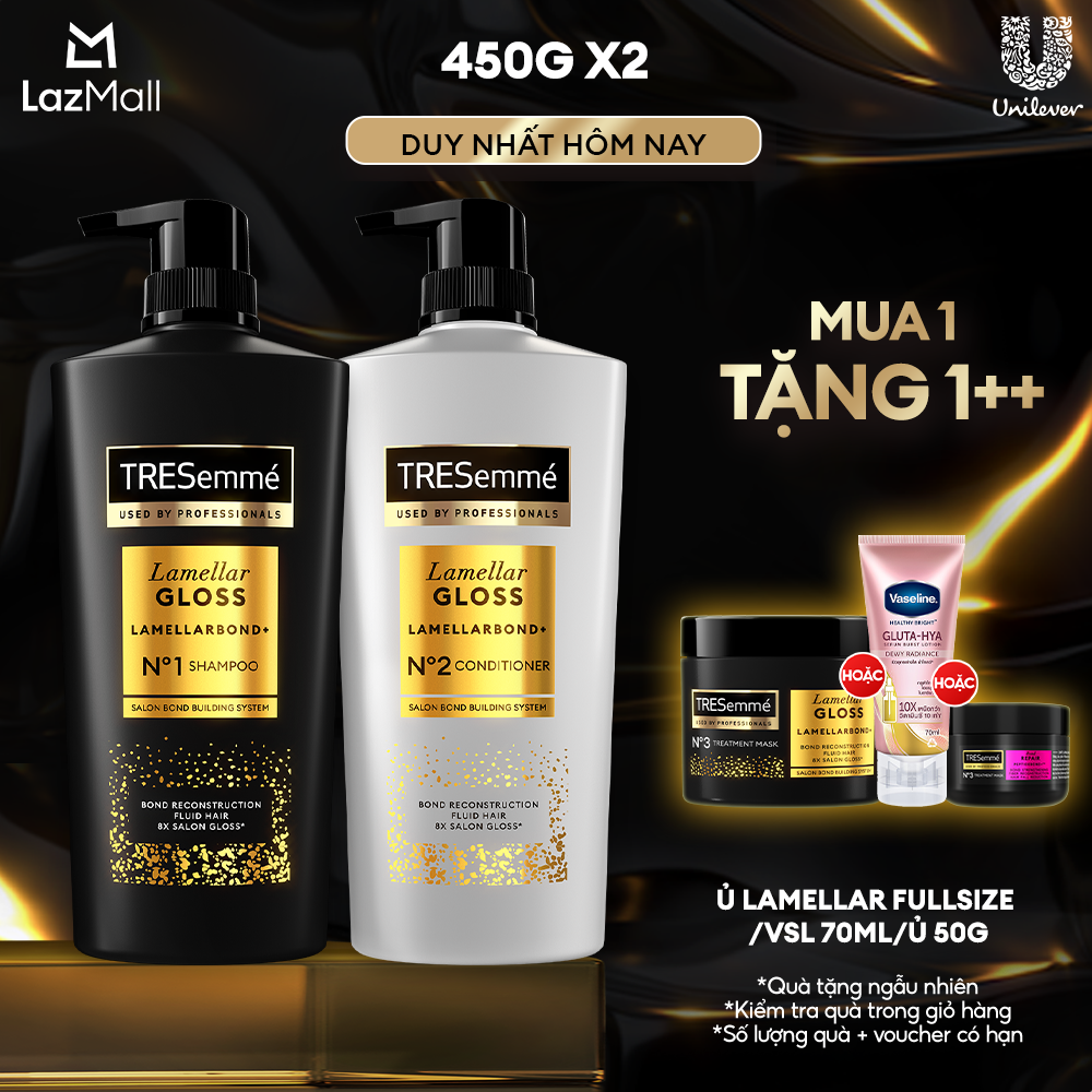 Combo Dầu Gội Và Dầu Xả TRESemmé Lamellar Gloss LamellarBond+ Phủ Bóng 8X Chuẩn Salon 450g, 450g