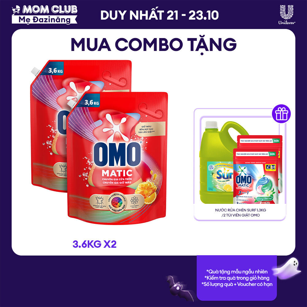 Combo 2 Túi Nước giặt OMO Matic Hương Cam & Hổ phách Chuyên gia giữ màu Cho máy giặt cửa trên 3.6kg