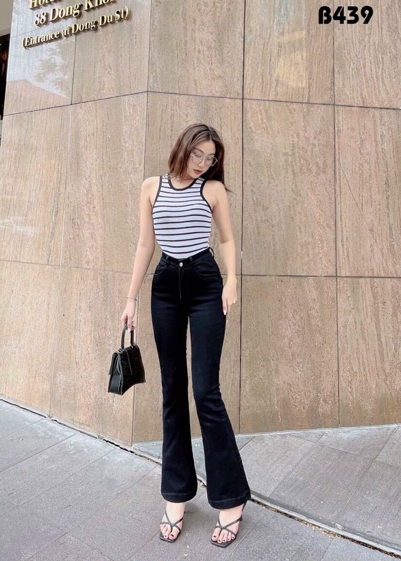 Quần Jeans Nữ Lưng Cao Ống Loe Dài Co Giãn