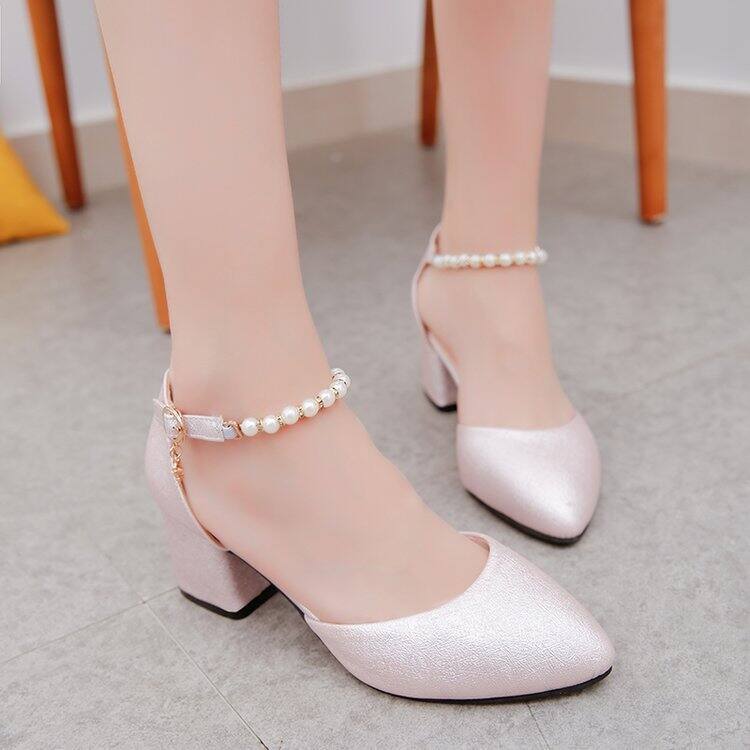 Giày Cao Gót Bé Gái Chunky Heel Mùa Hè Mùa Thu Da Giày Trắng Trẻ Lớn 13 Tuổi Đa Năng Phong Cách Cổ T