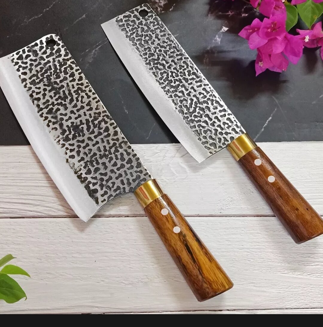 Bộ dao 2 món nhà bếp chặt, thái rèn từ thép nhíp dập vân 2 mặt cán cẩm chỉ khâu đồng