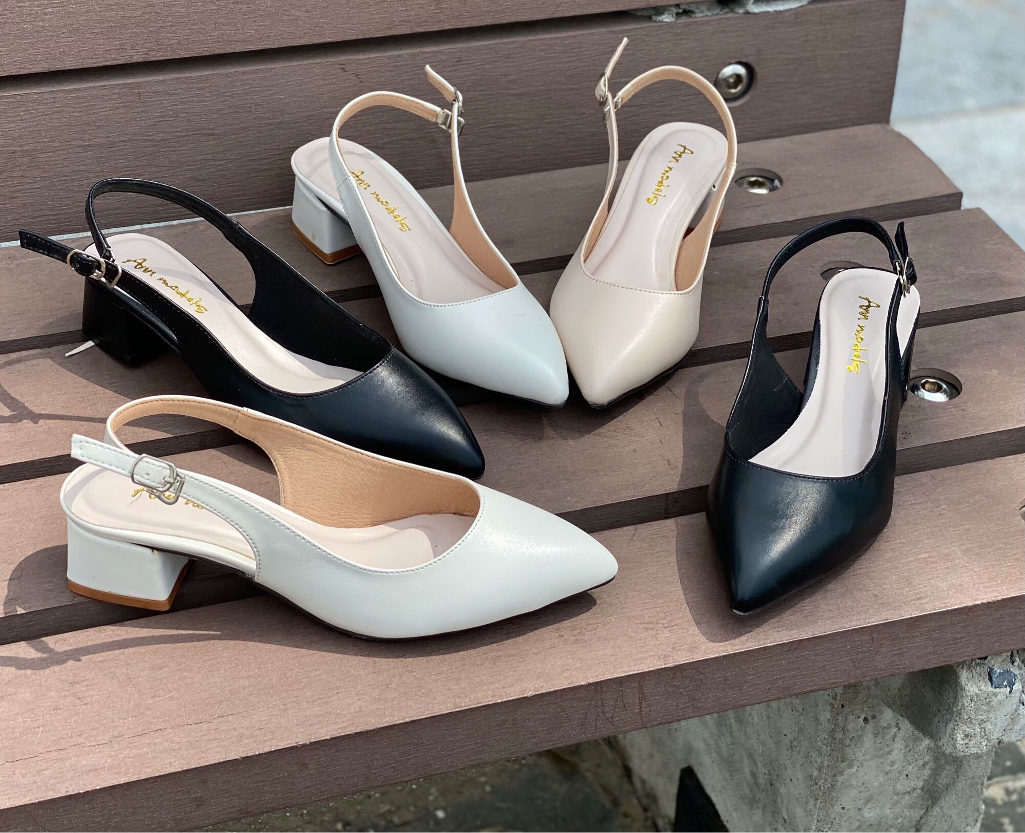 Giày cao gót 3 phân mũi nhọn gót vuông Annmodels kiểu dáng slingback _A0034MIN