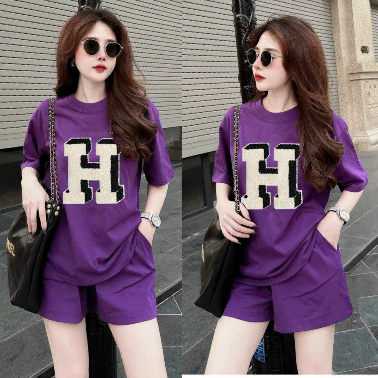 Hoàn tiền 15% - sét bộ short cotton logo q châu thêu cao cấp