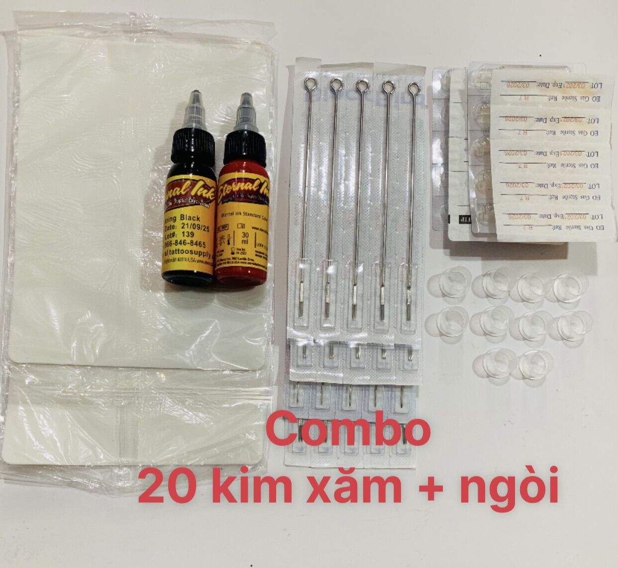 Combo 20 kim xăm + ngòi + 2 mực xăm + 2 da tập xăm