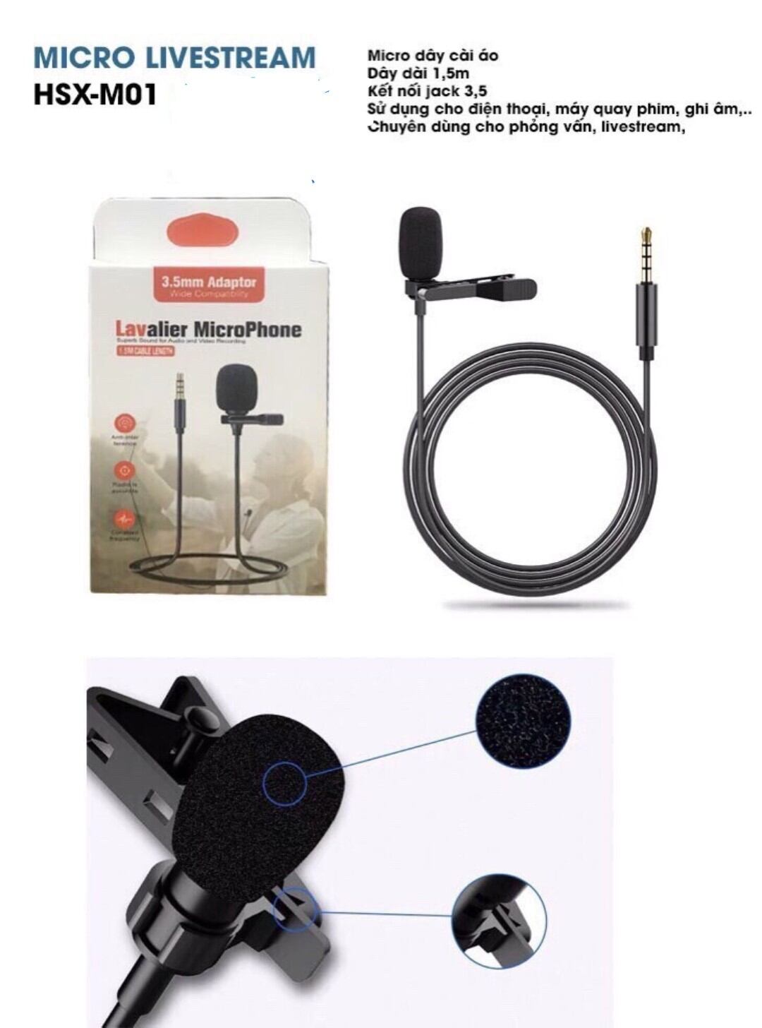 Micro cài áo có dây HSX-M01 chuyên dùng cho livestream, phỏng vấn dây dài 1.5m
