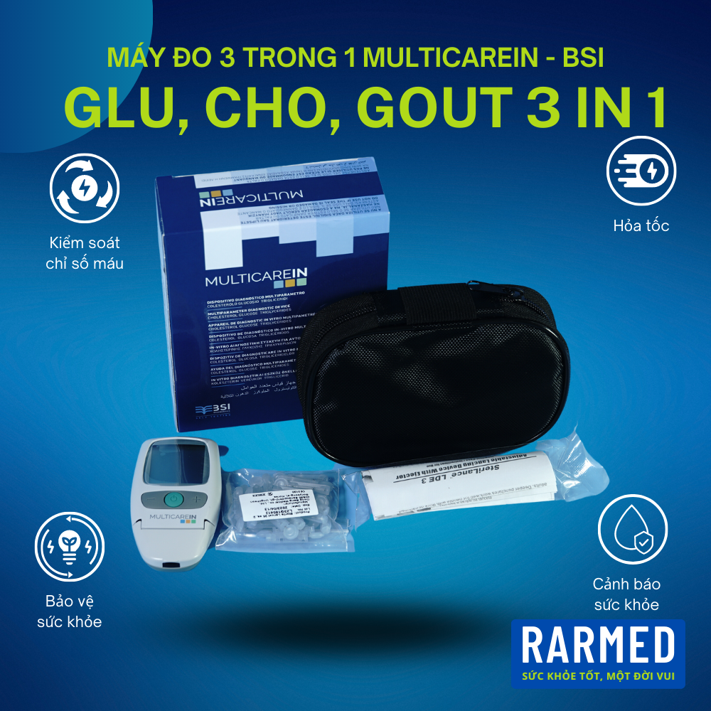 Máy đo đường huyết và mỡ máu, gout 3 trong 1 BSI Multicarein + 15 que thử