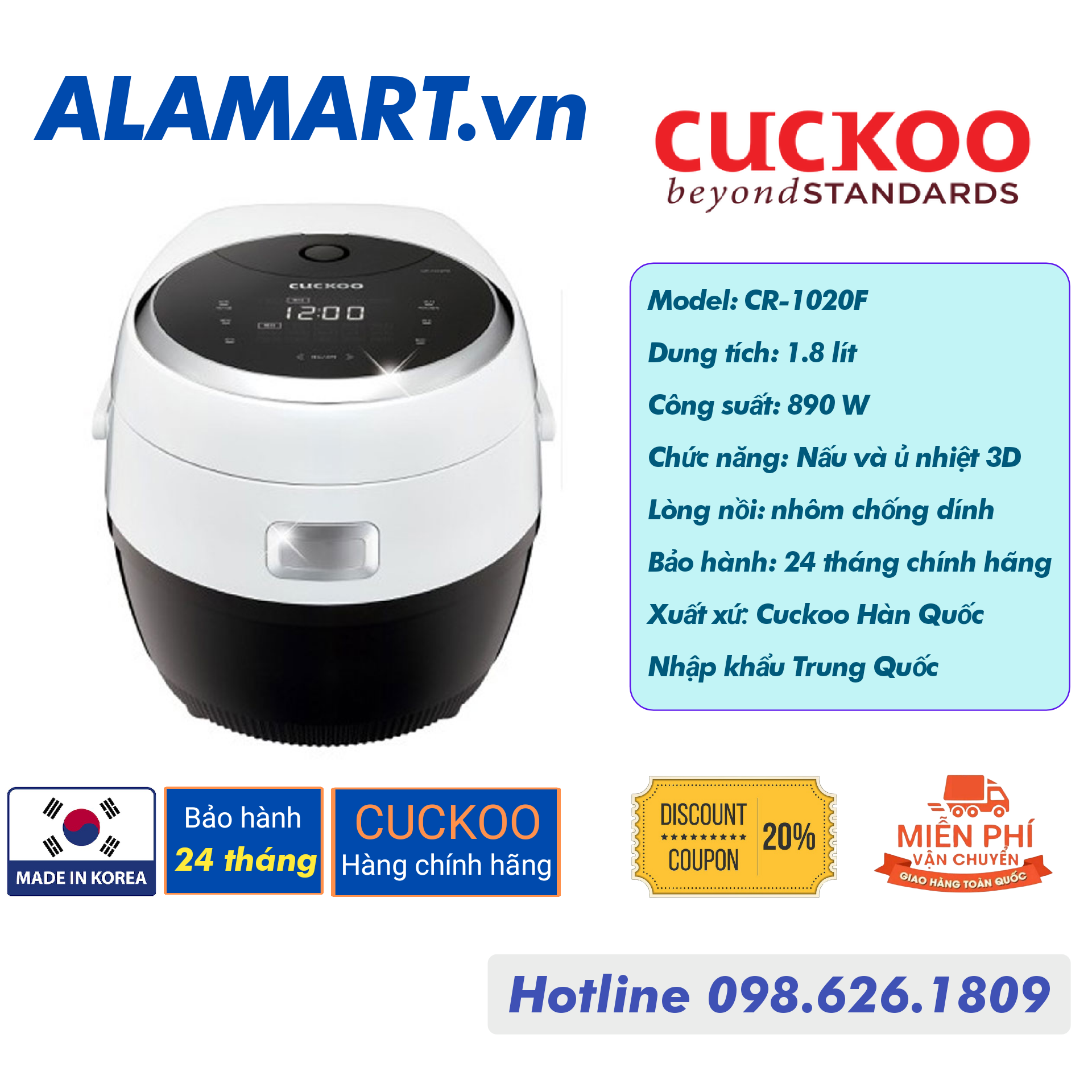 Nồi cơm điện tử 1,8 lít cuckoo cr-1020f