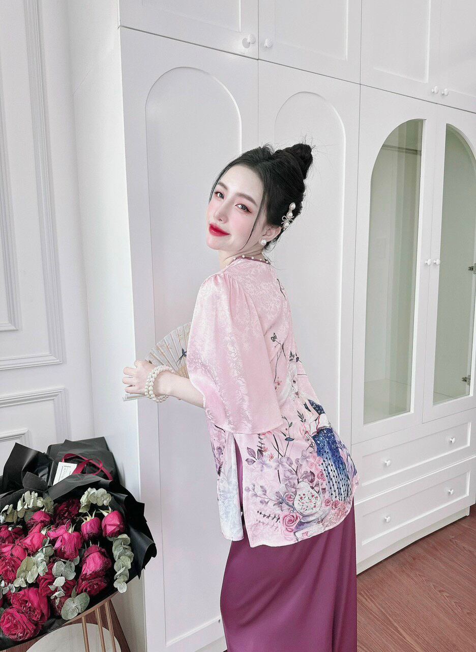 Bộ sét lam gấm 2 da phối quần lụa latin
