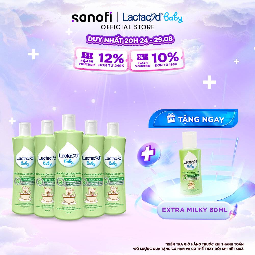 Bộ 5 chai sữa tắm gội trẻ em lactacyd baby extra milky làm sạch dịu nhẹ và dưỡng ẩm vượt trội 250ml/chai
