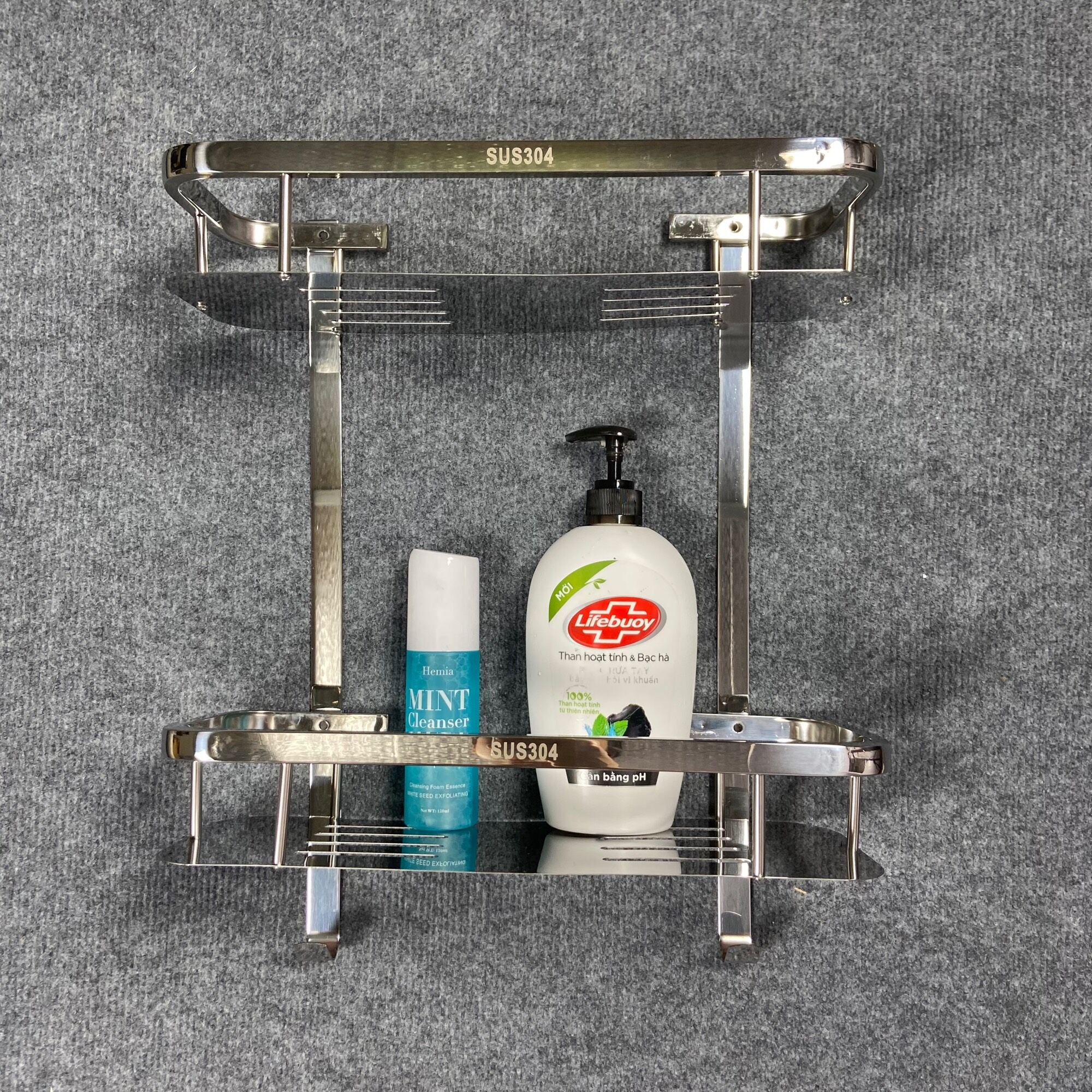 Kệ phòng tắm 2 tầng đa năng có móc- inox sus 304 sáng bóng- Bảo hành 5 năm