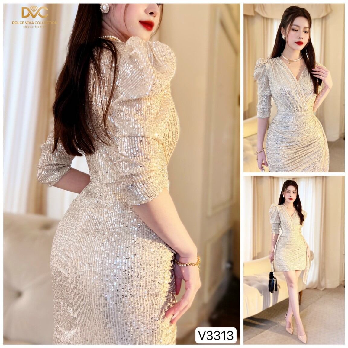 V3313 VÁY BODY KIM SA ÁNH BẠC ĐỔ TÀ