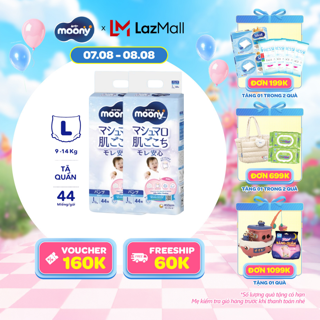 [20g 7-10.8 QUÀ TẶNG SLCH] Combo 2 tã quần cao cấp Moony Bé Trai L44 miếng - Nhập khẩu từ Nhật Bản