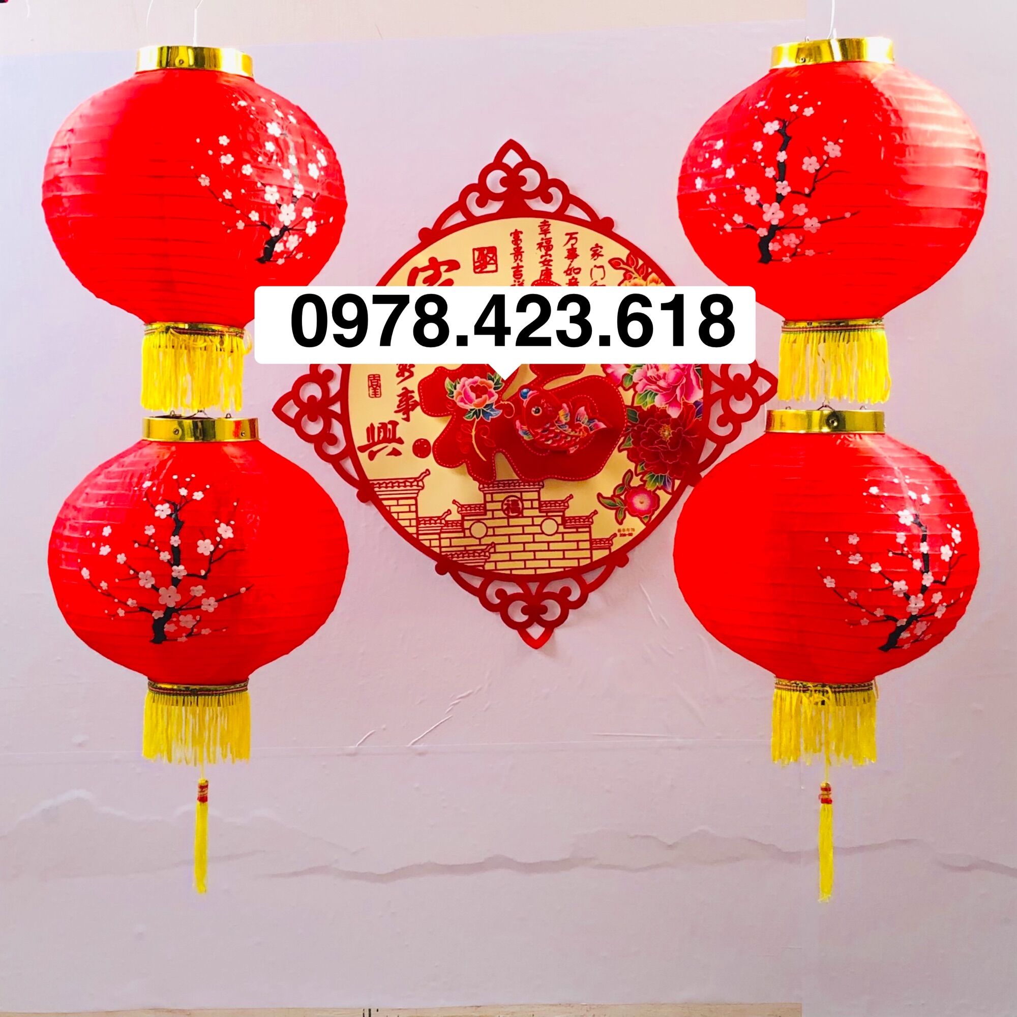 Lồng đèn Đỏ Hoa đào trang trí Tết Trung thu- Lồng đèn vải họa tiết có râu chống nước phong cách Trung Hoa, treo nhà hàng, nhà chùa, homestay, decor studio, rạp cưới , quán cà phê sân vườn (có tua)