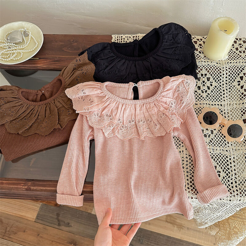 Áo Thun Dài Tay Ôm Vừa Vặn Cho Bé Gái Mùa Thu Mới Thời Trang Viền Ren Cổ Tay Dài Đa Năng Cotton Phon
