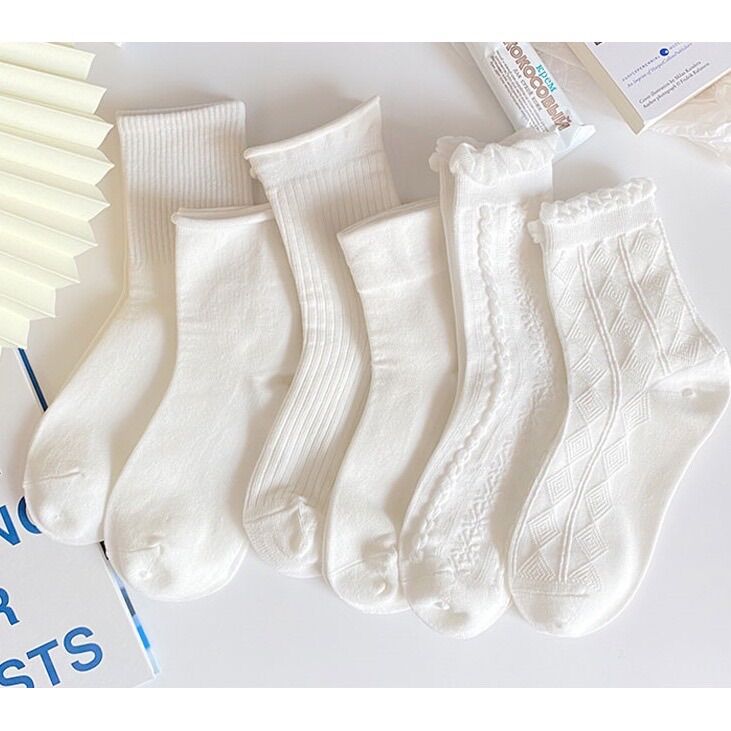 Tất nữ cổ cao màu trắng, tất nhún nữ tính, vớ nữ cổ ngắn đáng yêu, tất cotton thoáng khí màu sắc basic, tất unisex