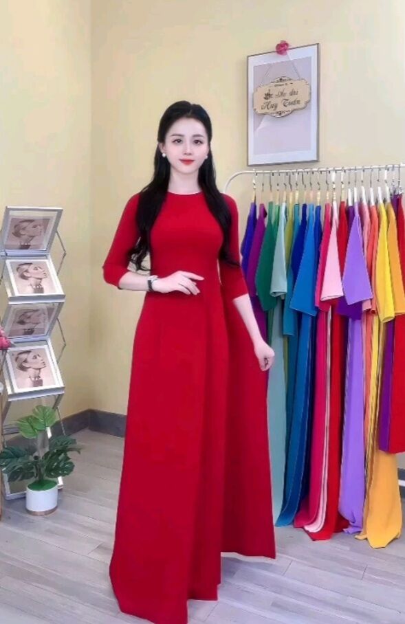 Áo dài lụa mỹ trơn cổ tròn tay lỡ