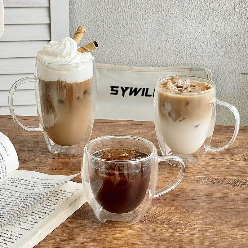 Cốc Cà Phê Chống Nóng Cách Nhiệt Hai Lớp Có Tay Cầm Cốc Uống Nước Thủy Tinh Gia Dụng Cốc Latte Mỹ Giá Trị Cao Cốc Mug