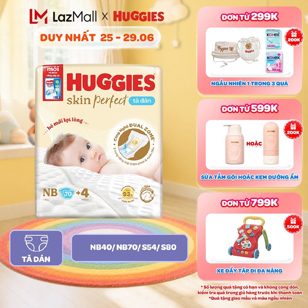 Tã/Bỉm Dán Sơ Sinh Huggies Skin Perfect NB/S/M với 2 Vùng Thấm Giảm Kích Ứng Da