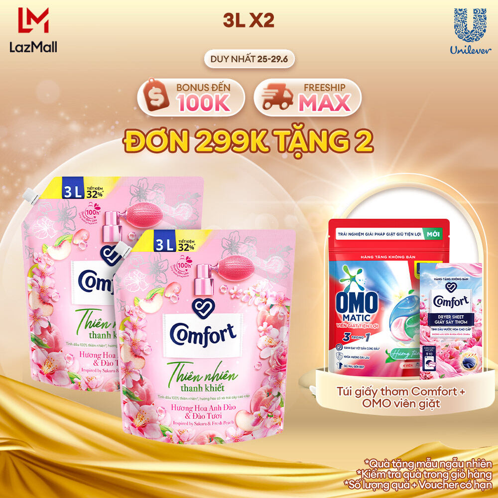 Combo 2 Túi Nước Xả Vải Comfort Thiên Nhiên Thanh Khiết Hương Hoa Anh Đào & Đào Tươi 3.0L