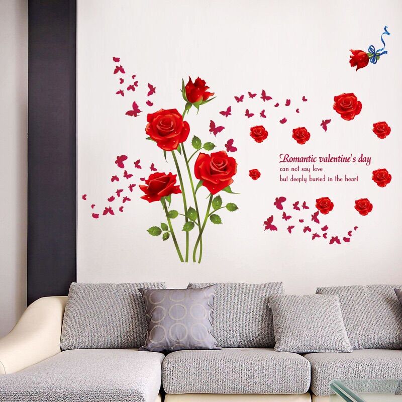 Decal dán tường trang trí phòng ngủ hoa hồng trái tim