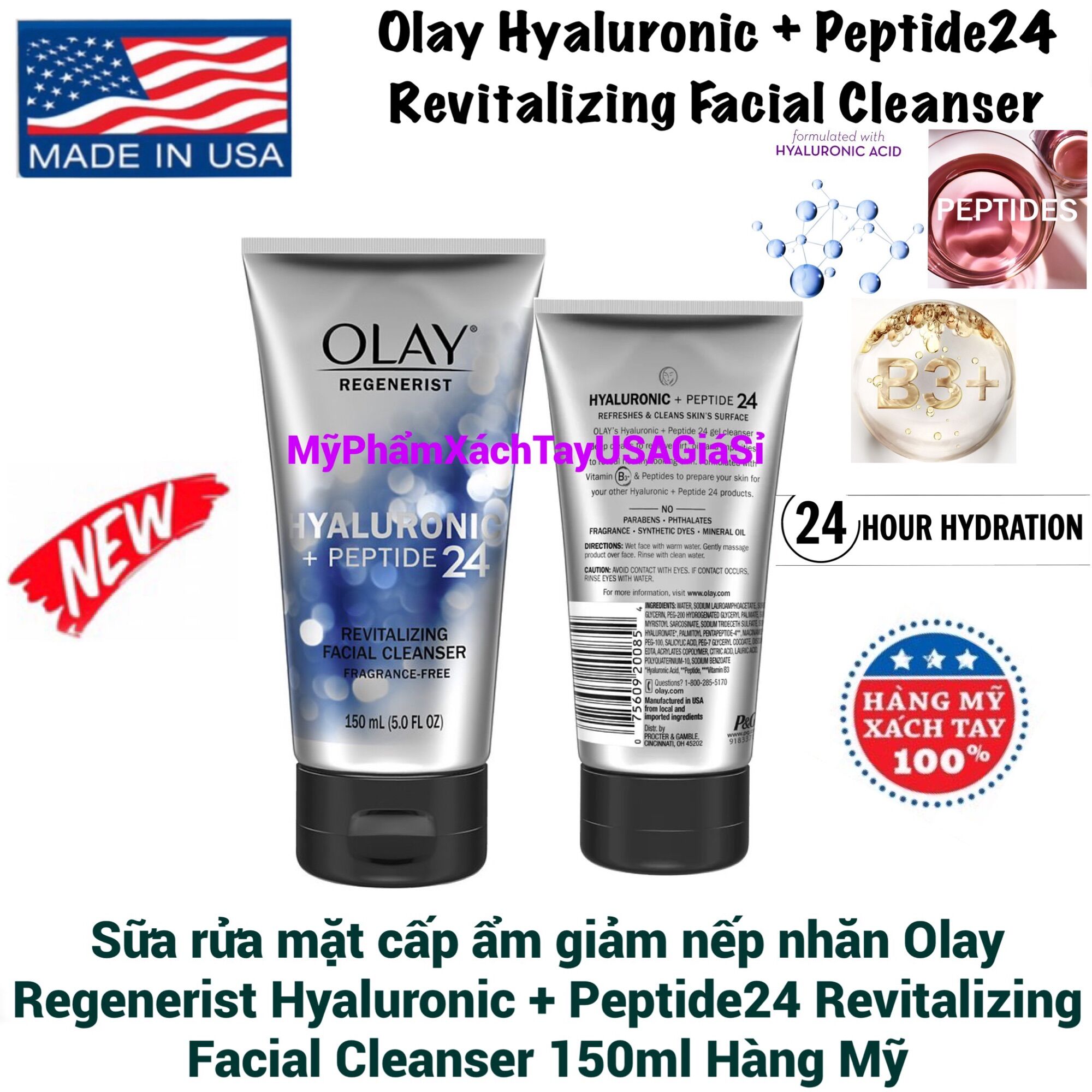 Sữa rửa mặt cấp ẩm giảm nếp nhăn Olay Hyaluronic+Peptide24 Revitalizing Facial Cleanser 150ml Hàng Mỹ