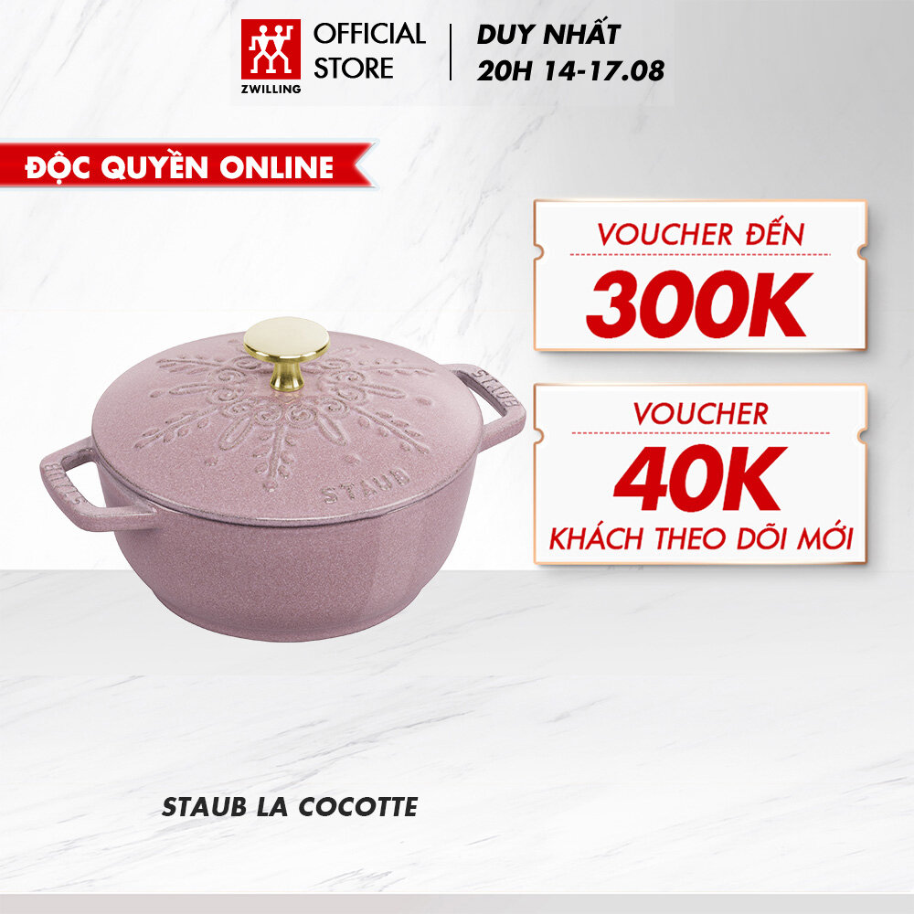 Nồi gang tráng men STAUB nắp hoa tuyết - size 16cm/1.1L màu cherry blossom