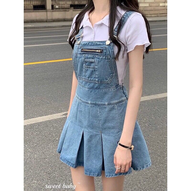 Váy yếm jeans xếp ly form xoè