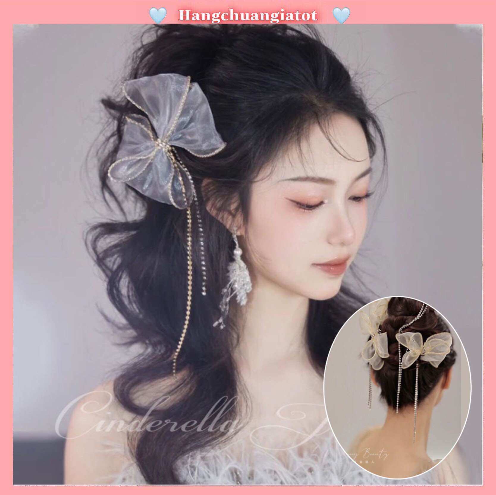 Cặp tóc nơ tiểu thư mix dây đá sáng phong cách Hàn Quốc