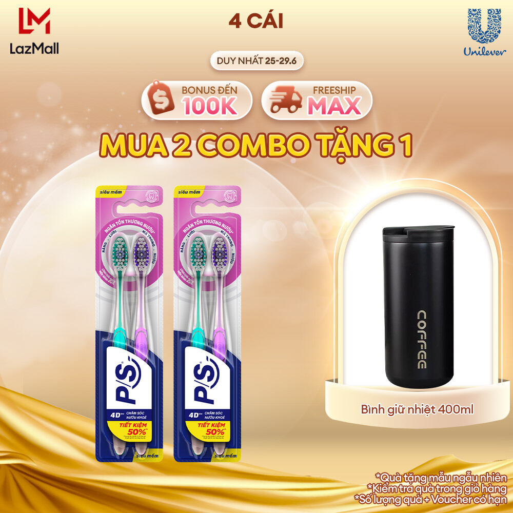 Bộ 4 bàn chải đánh răng P/S 4D Chăm Sóc Nướu Khỏe với lông chải mềm mảnh 20X, ngăn tổn thương nướu