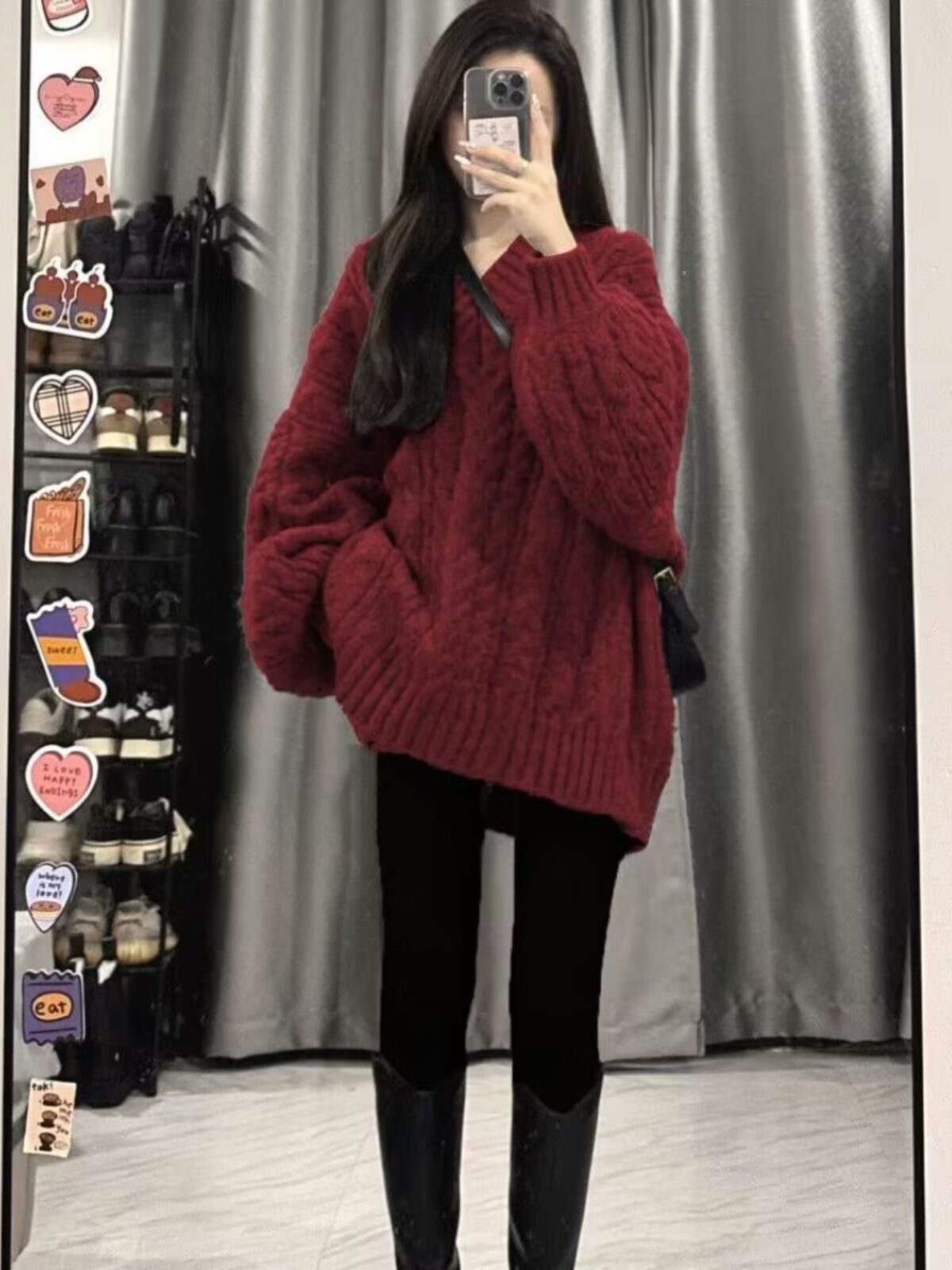 Áo Len Dệt Kim Cổ Chữ V Màu Đỏ Rượu Vang Cho Nữ Mùa Thu Đông Mềm Mại, Lười Biếng, Phong Cách Mỹ Cổ Điển, Áo Len Cổ Tròn