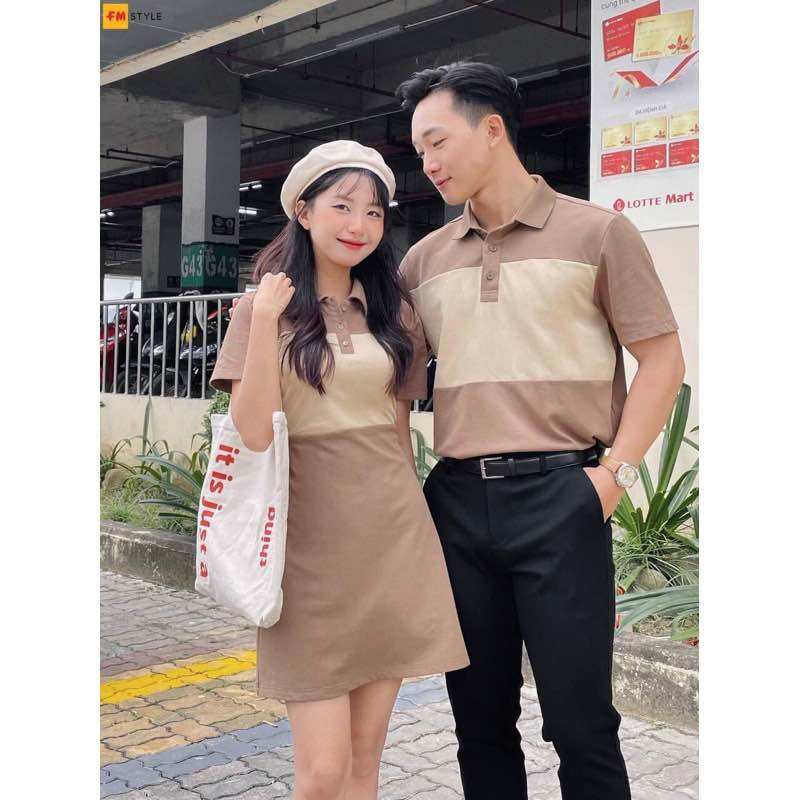 Set đồ đôi cổ bẻ màu nâu phối kem