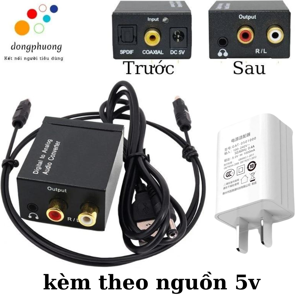 Bộ chuyển đổi âm thanh tivi 4k Optical sang jack 3.5mm và audio R L loa amply đủ phụ kiện đi kèm nguồn adaptor và dây quang