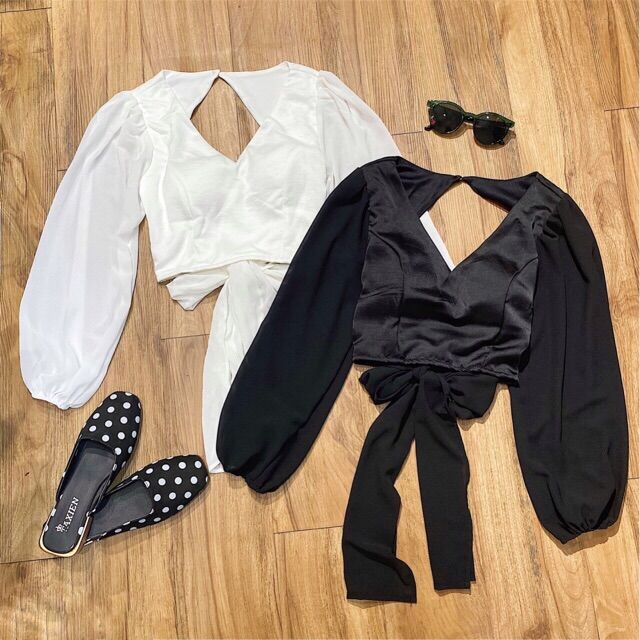 ÁO CROPTOP HỞ LƯNG TAY BỒNG CỘT NƠ