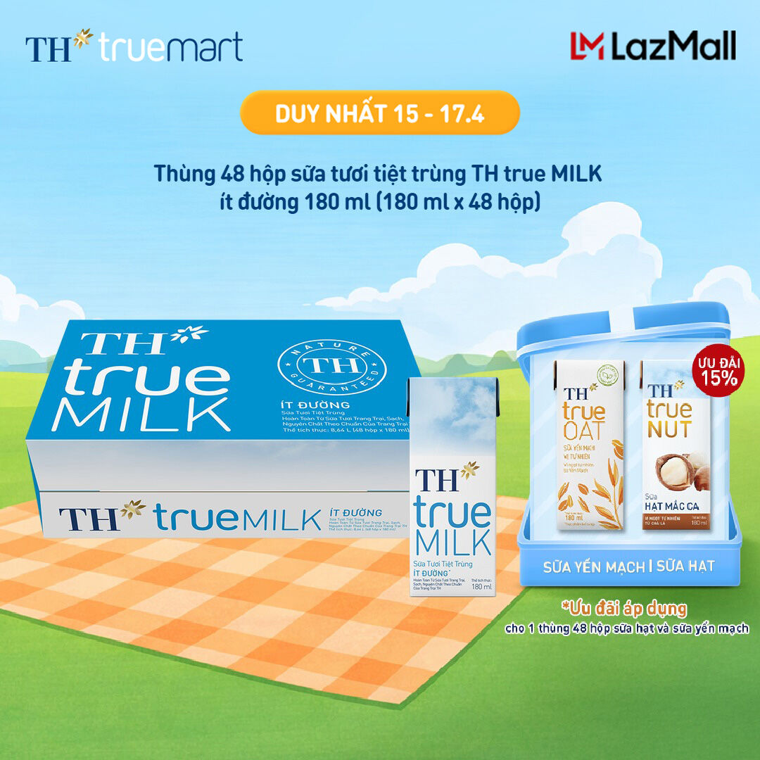Thùng 48 hộp sữa tươi tiệt trùng TH true MILK ít đường 180 ml (180 ml x 48)