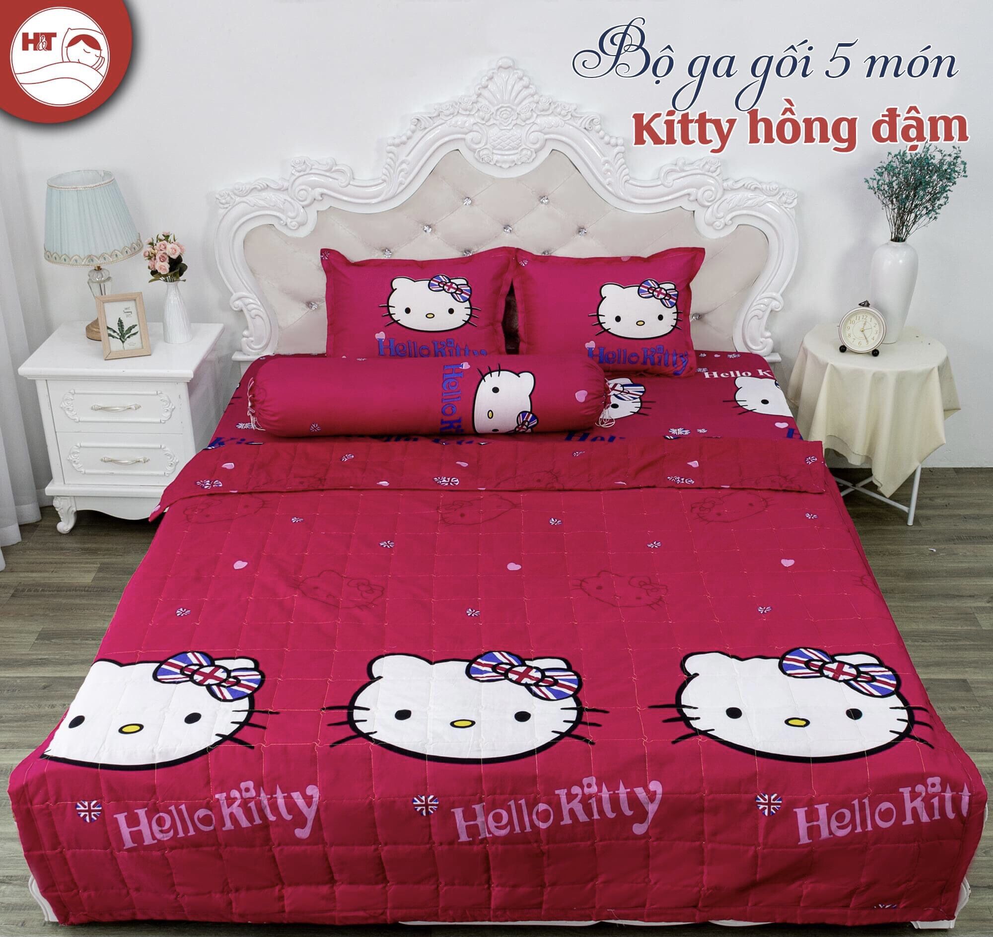 Bộ chăn ga gối hello kitty màu hồng dễ thương