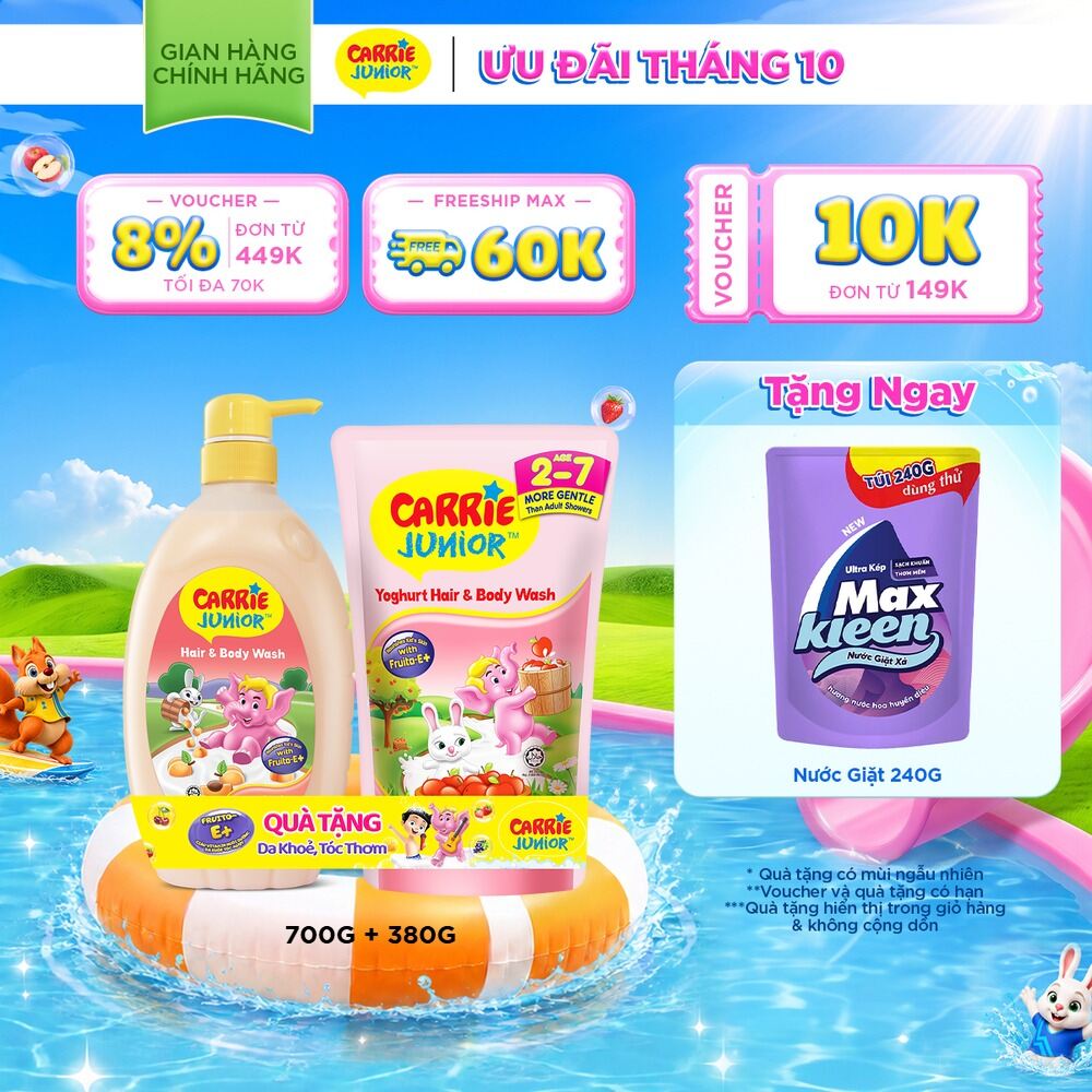 [TẶNG TÚI 380G] Sữa Tắm Gội Cho Bé Carrie Junior Hương Mơ Tây 700g