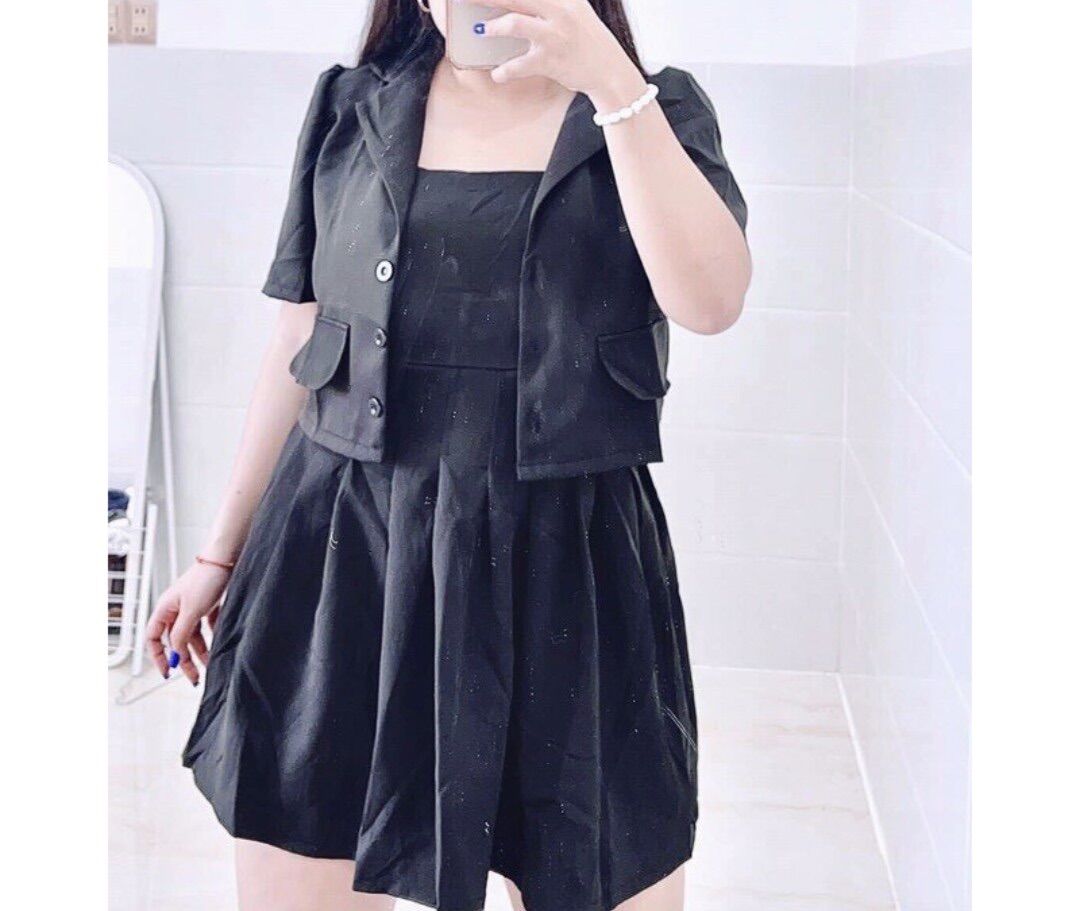 [Ảnh thật] 60-90kg BIGSIZE SET ÁO VEST + ĐẦM XẾP LY